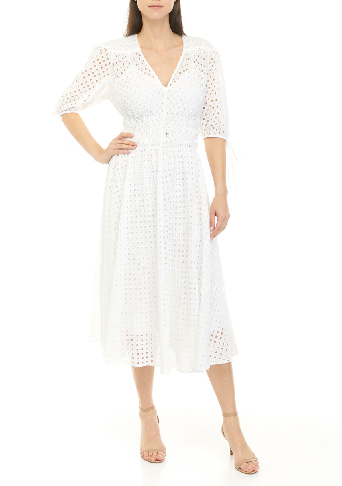 Womens Puff Sleeve Cotton Eyelet Dress 