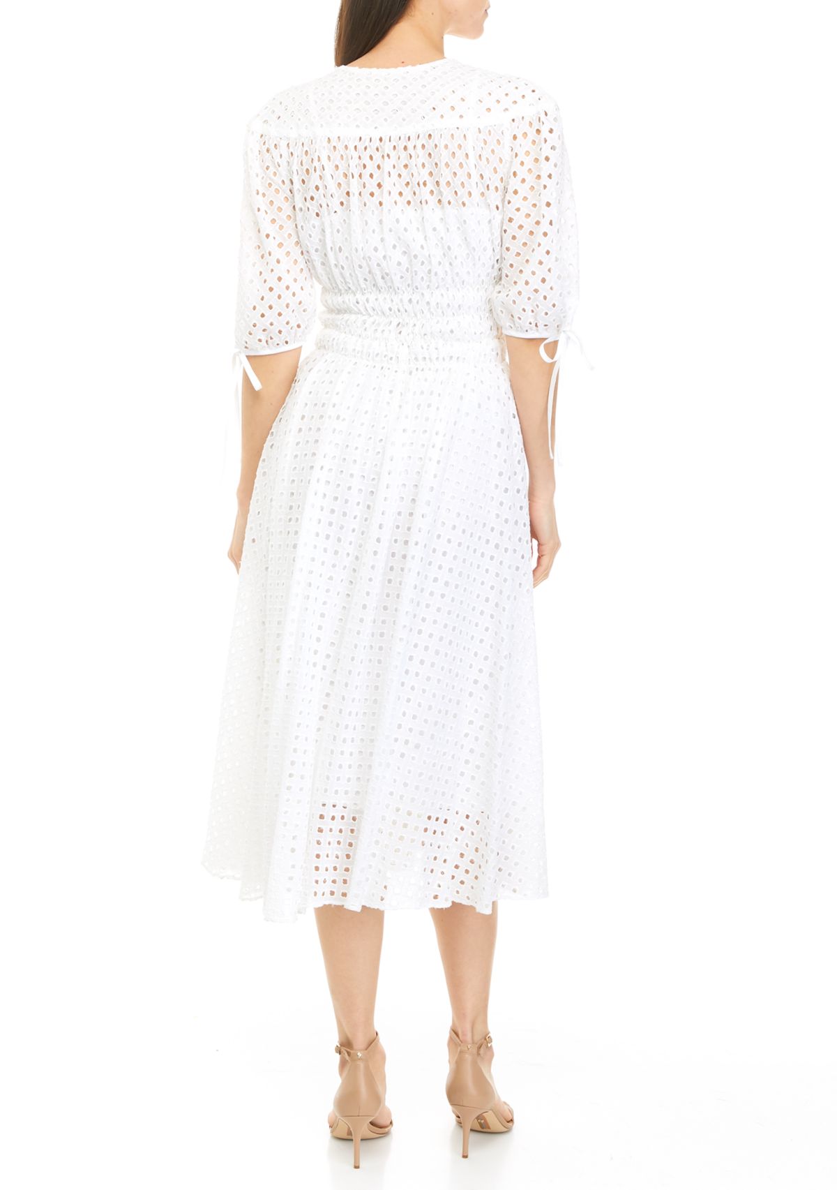 Womens Puff Sleeve Cotton Eyelet Dress 
