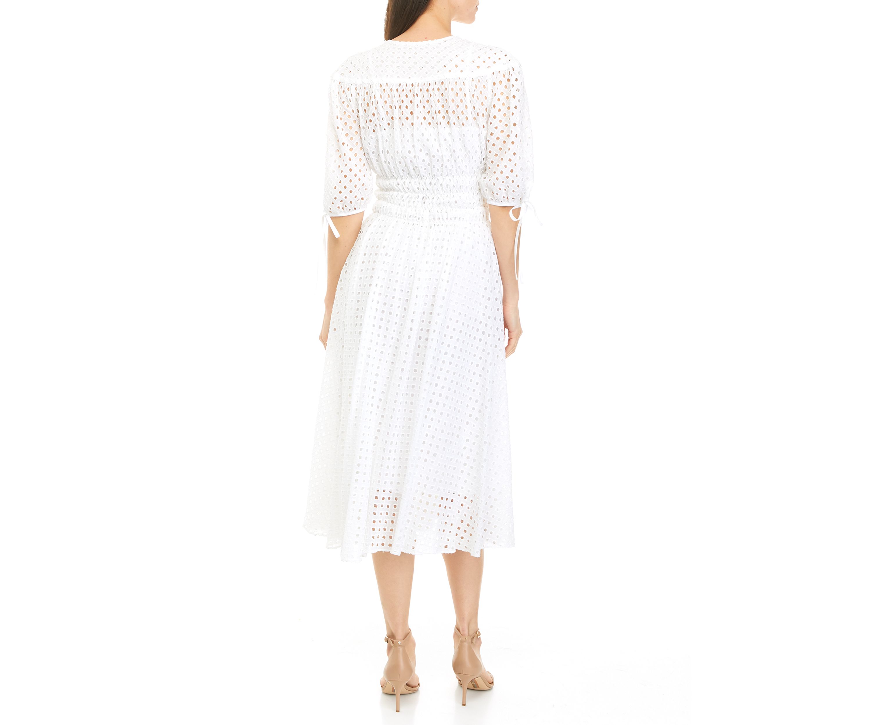 Womens Puff Sleeve Cotton Eyelet Dress 
