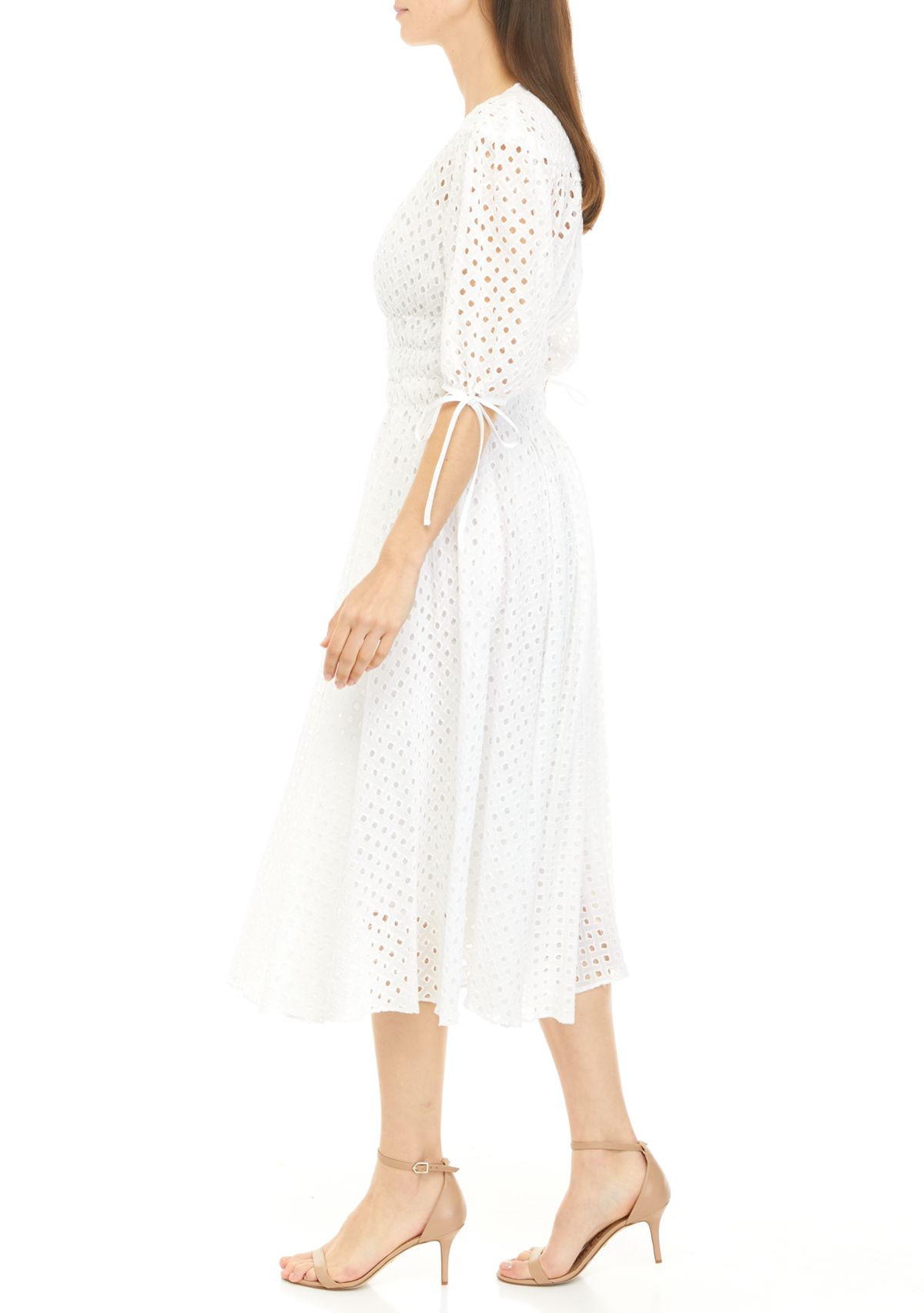 Womens Puff Sleeve Cotton Eyelet Dress 