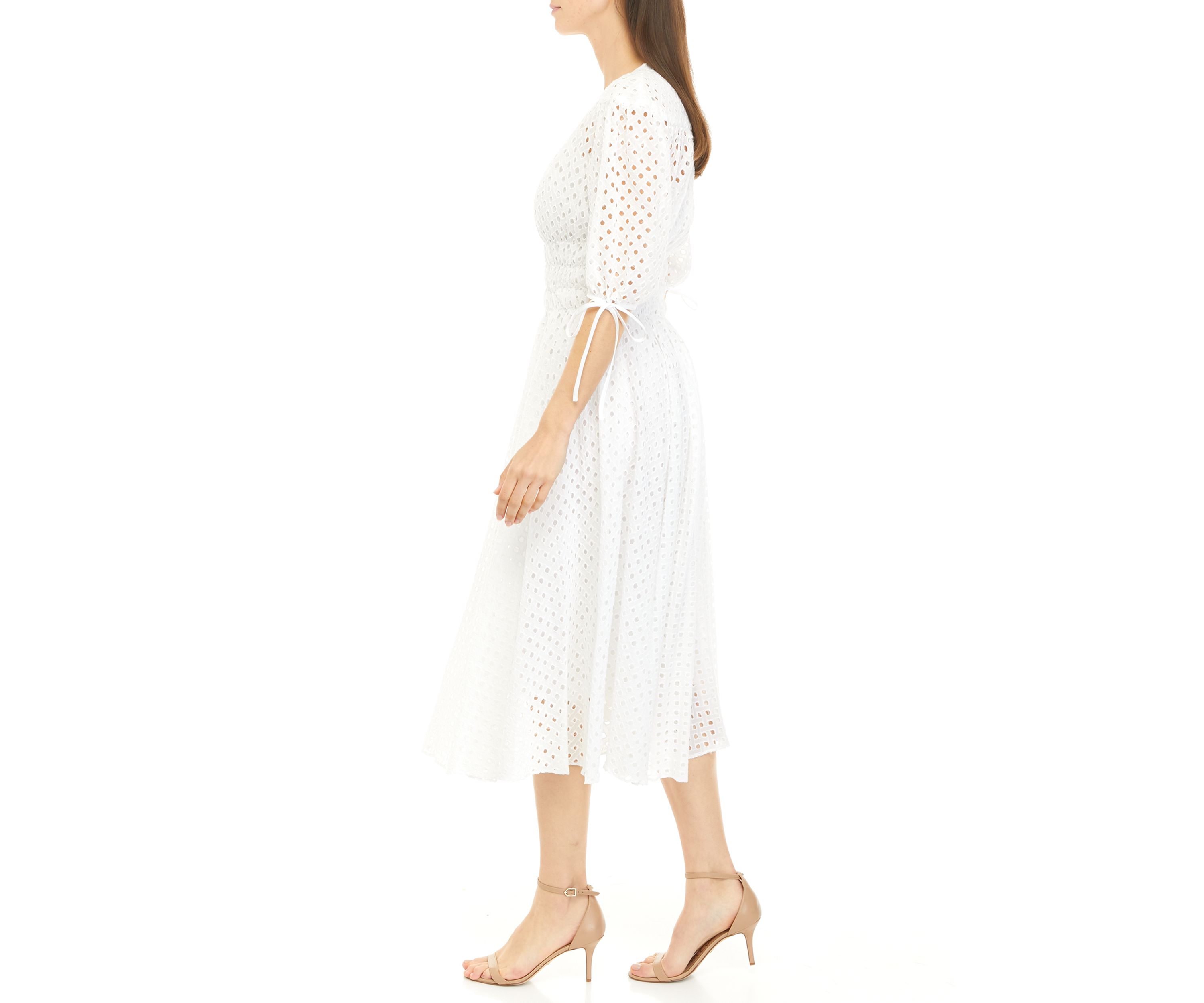 Womens Puff Sleeve Cotton Eyelet Dress 