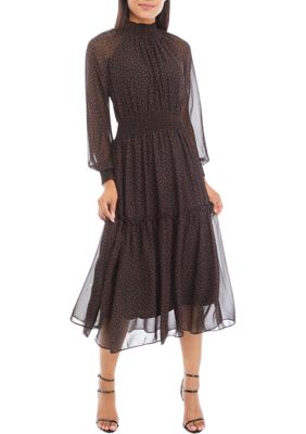 Women's Long Sleeve Mock Neck Dot Chiffon Midi Dress