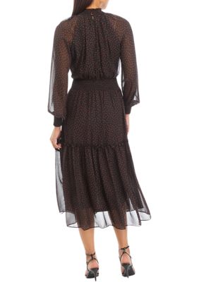 Women's Long Sleeve Mock Neck Dot Chiffon Midi Dress