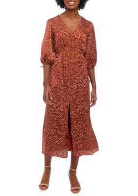 Women's Elbow Balloon Sleeve Dot Print Midi Dress