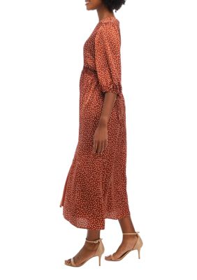 Women's Elbow Balloon Sleeve Dot Print Midi Dress