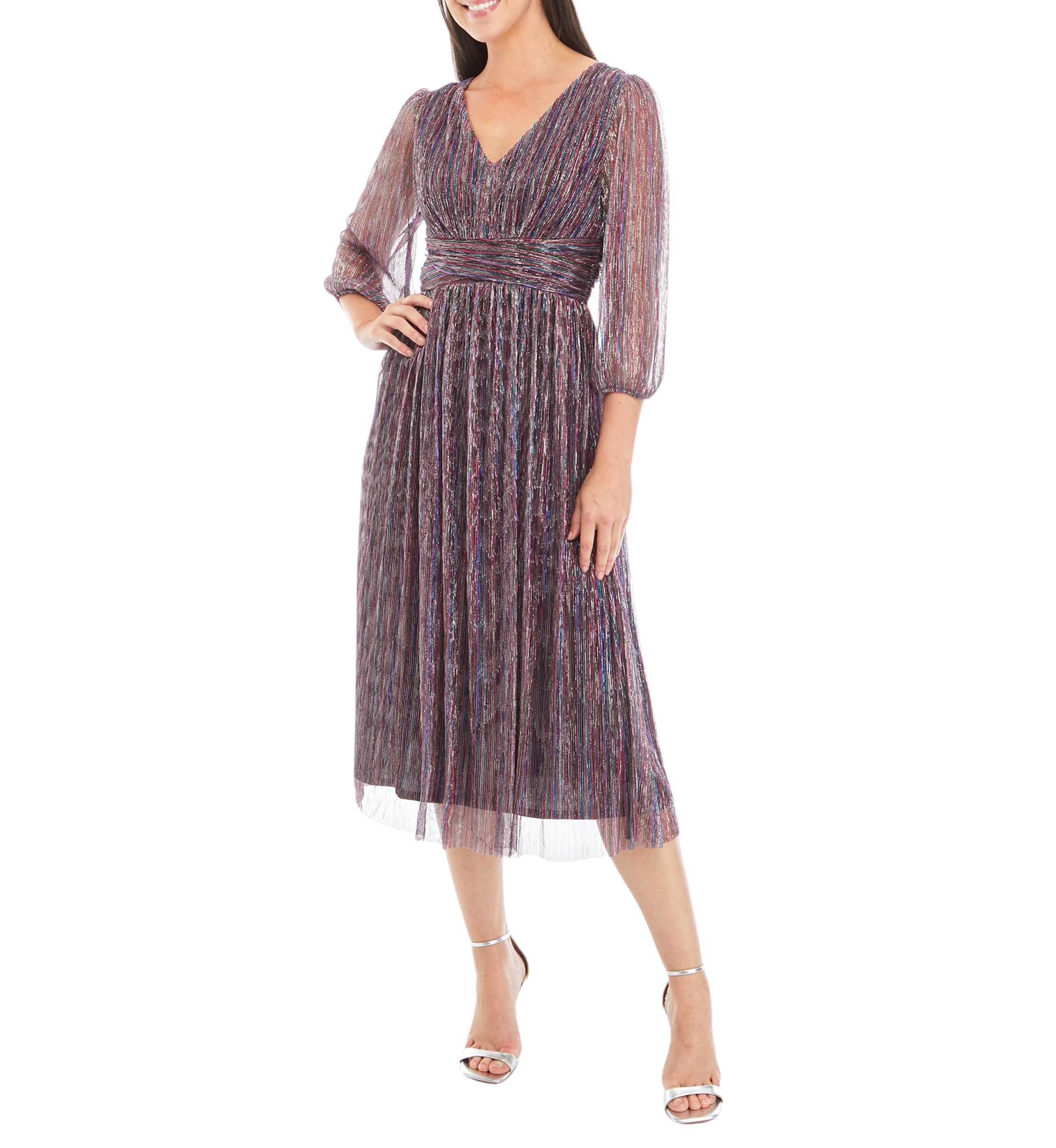 Womens Blouson Sleeve Metallic Foil Pleated Midi Dress