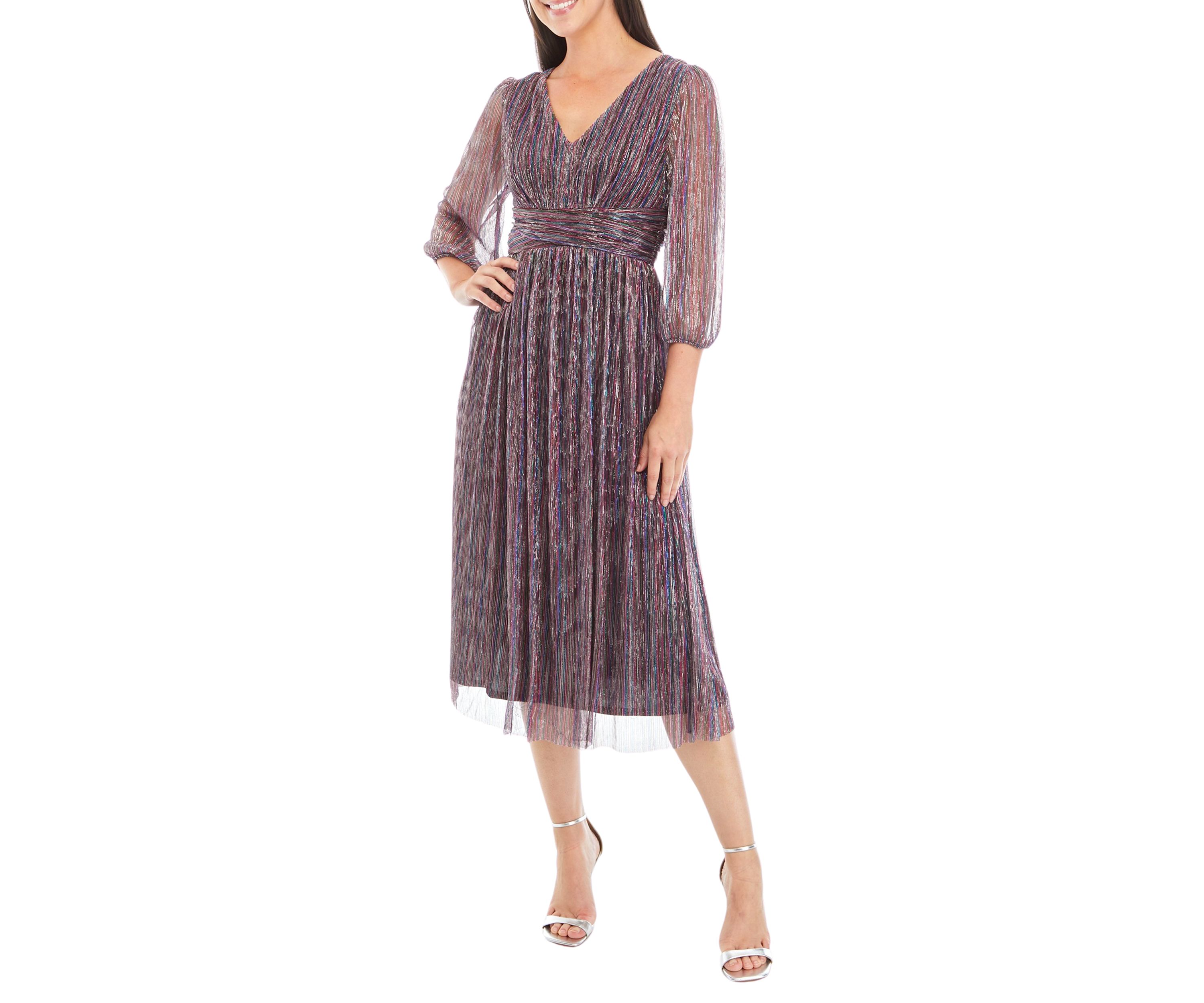Womens Blouson Sleeve Metallic Foil Pleated Midi Dress