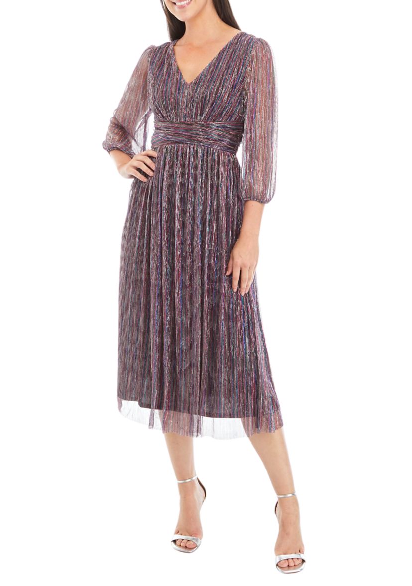 Womens Blouson Sleeve Metallic Foil Pleated Midi Dress