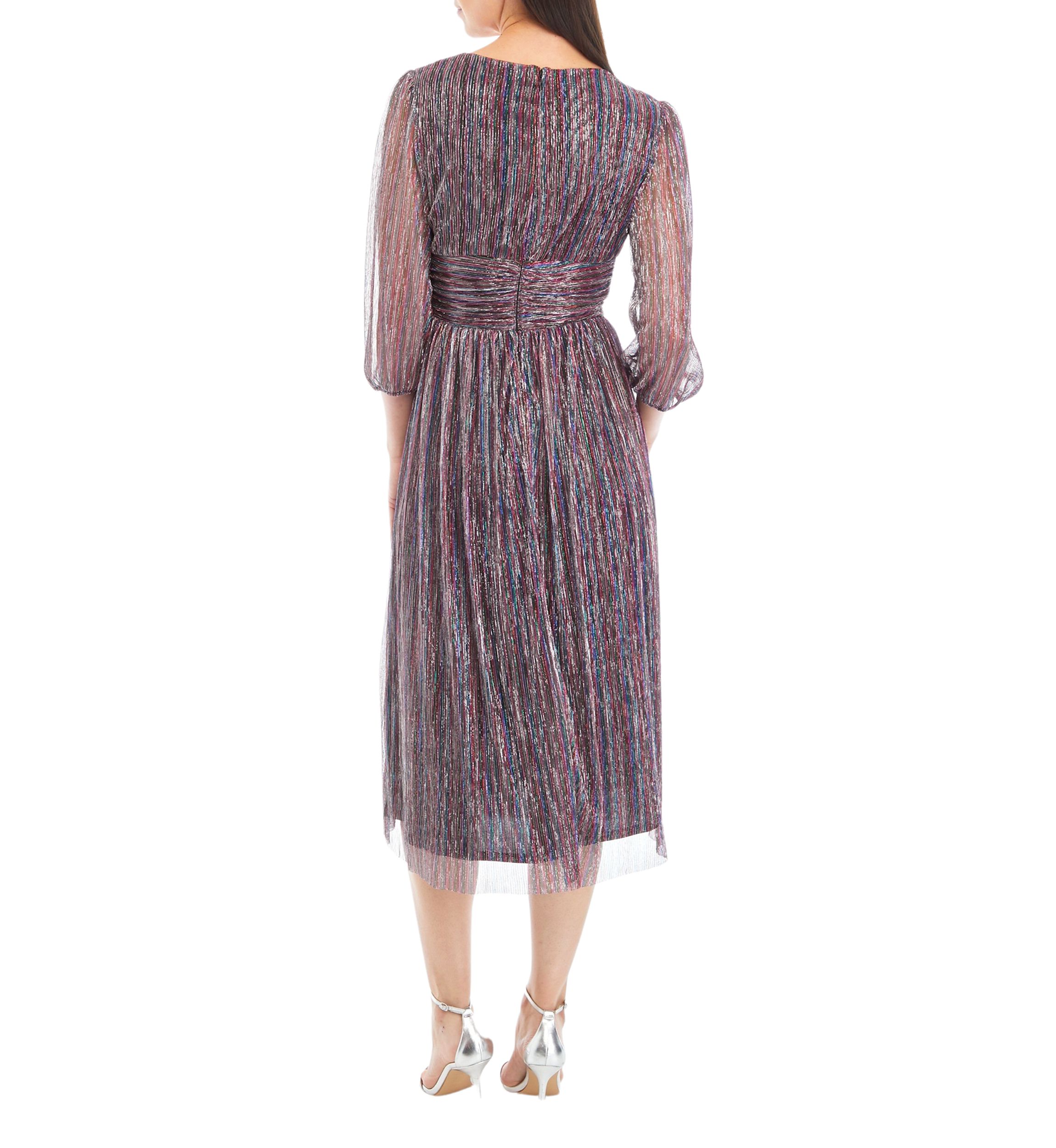 Womens Blouson Sleeve Metallic Foil Pleated Midi Dress