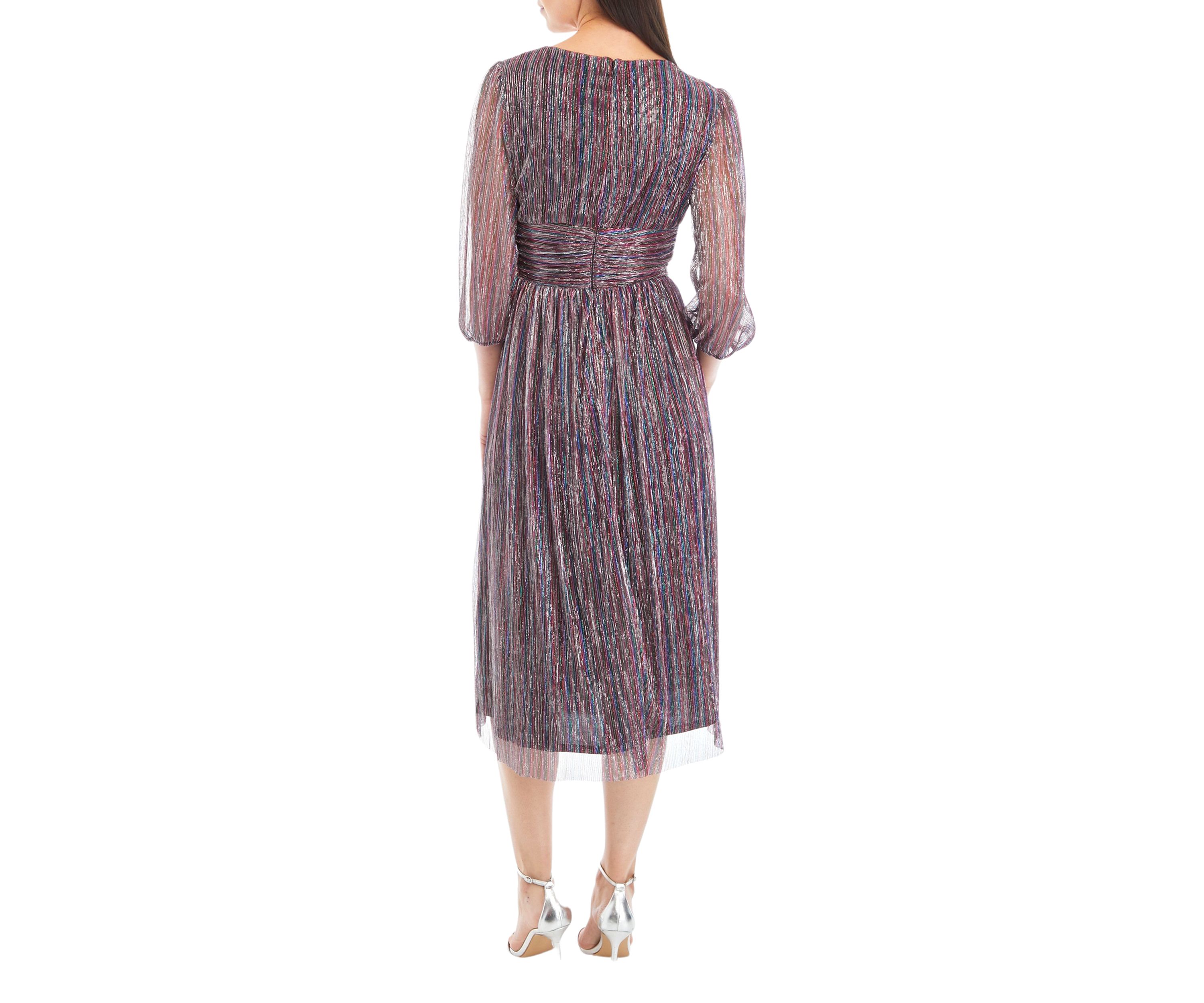 Womens Blouson Sleeve Metallic Foil Pleated Midi Dress