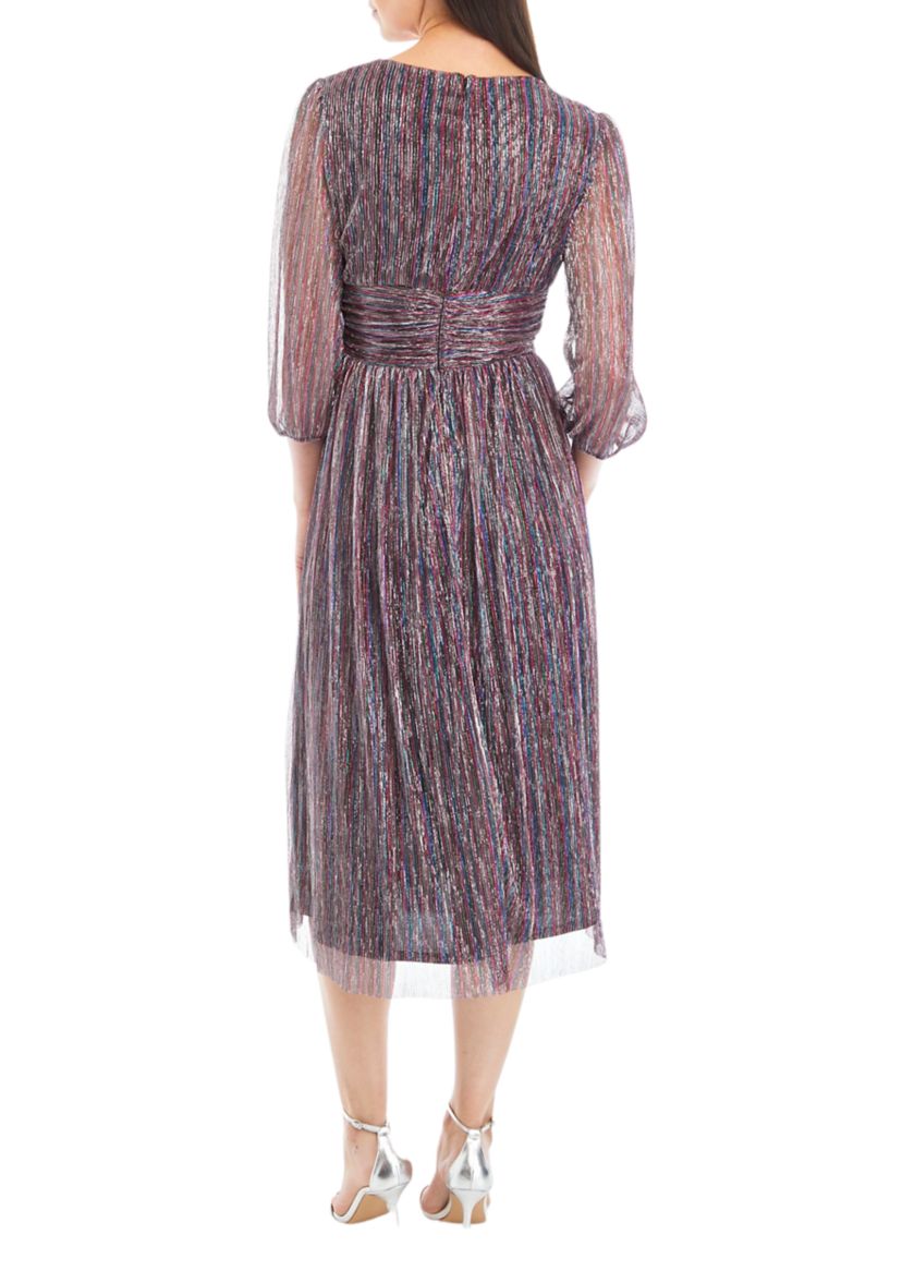 Womens Blouson Sleeve Metallic Foil Pleated Midi Dress