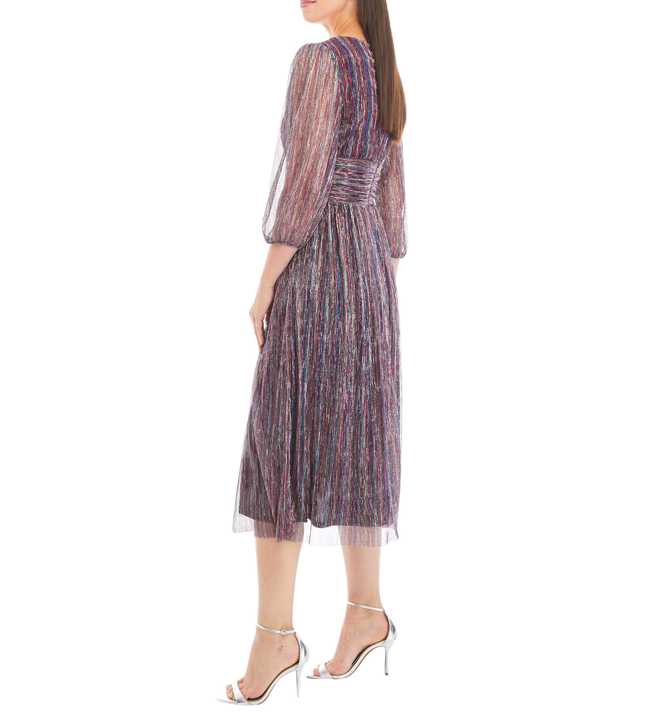 Womens Blouson Sleeve Metallic Foil Pleated Midi Dress
