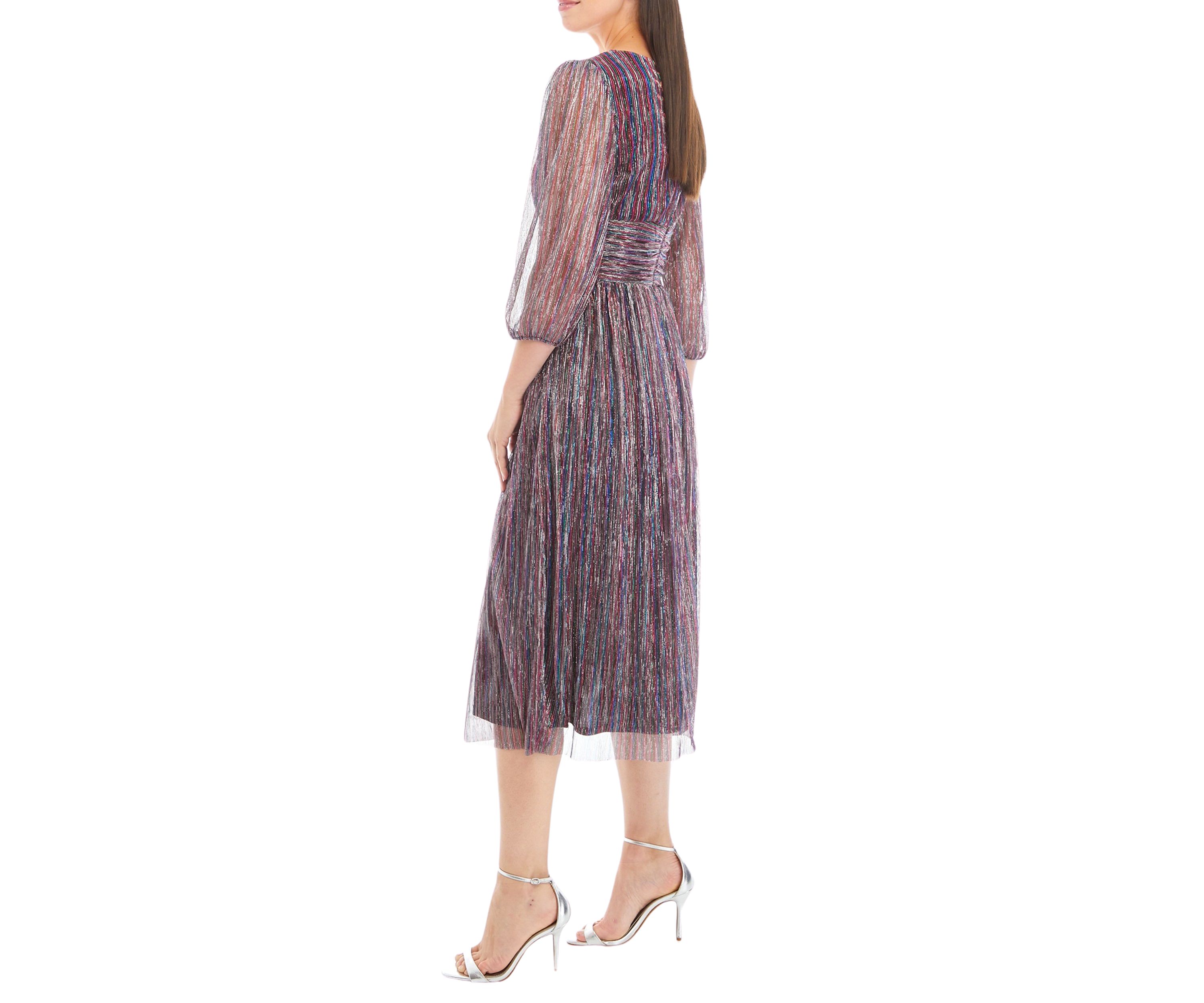 Womens Blouson Sleeve Metallic Foil Pleated Midi Dress