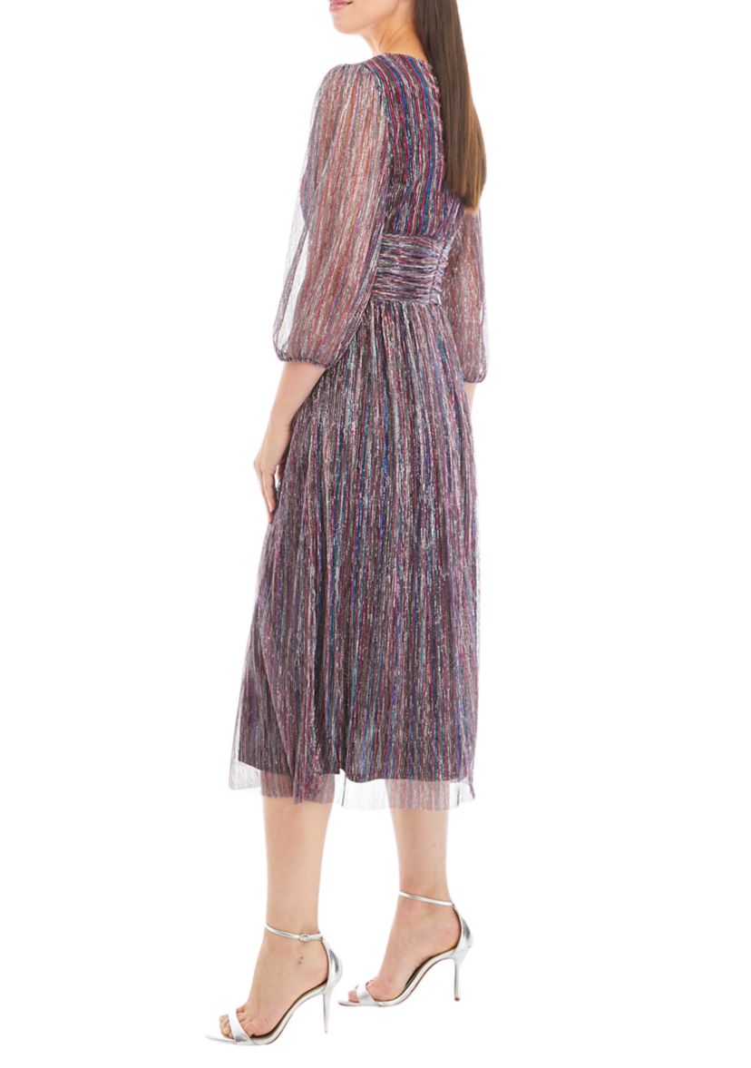 Womens Blouson Sleeve Metallic Foil Pleated Midi Dress