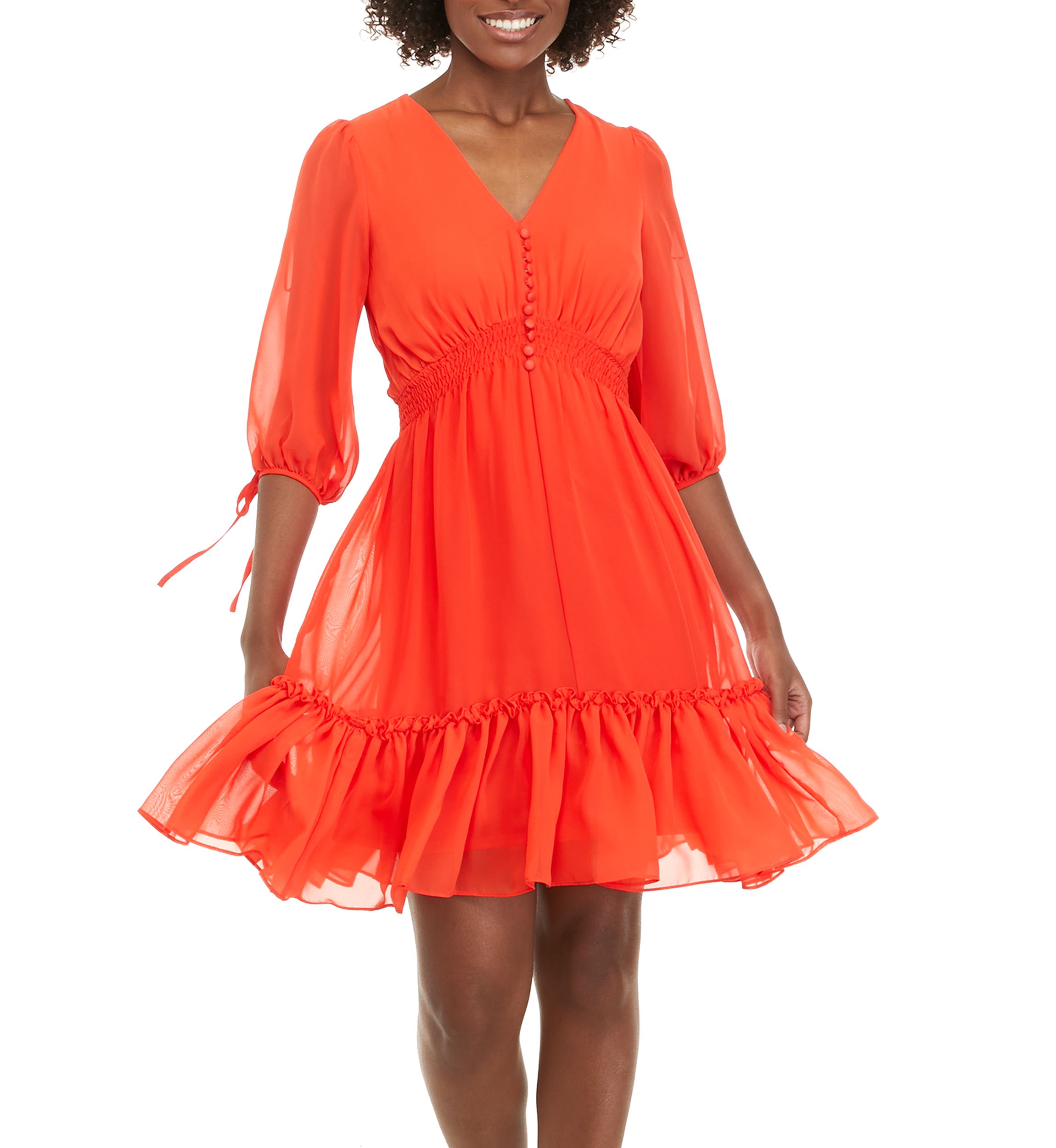 Womens Elbow Sleeve V-Neck Tiered Chiffon Dress