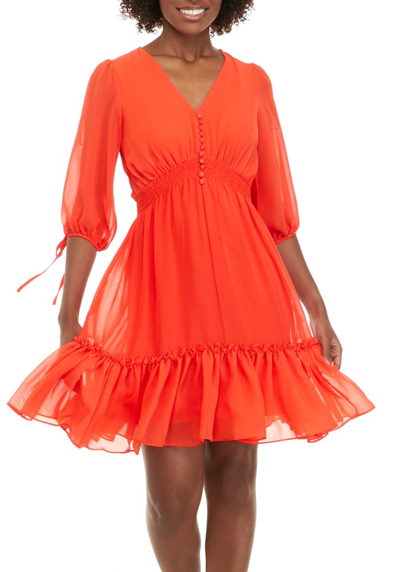 Womens Elbow Sleeve V-Neck Tiered Chiffon Dress