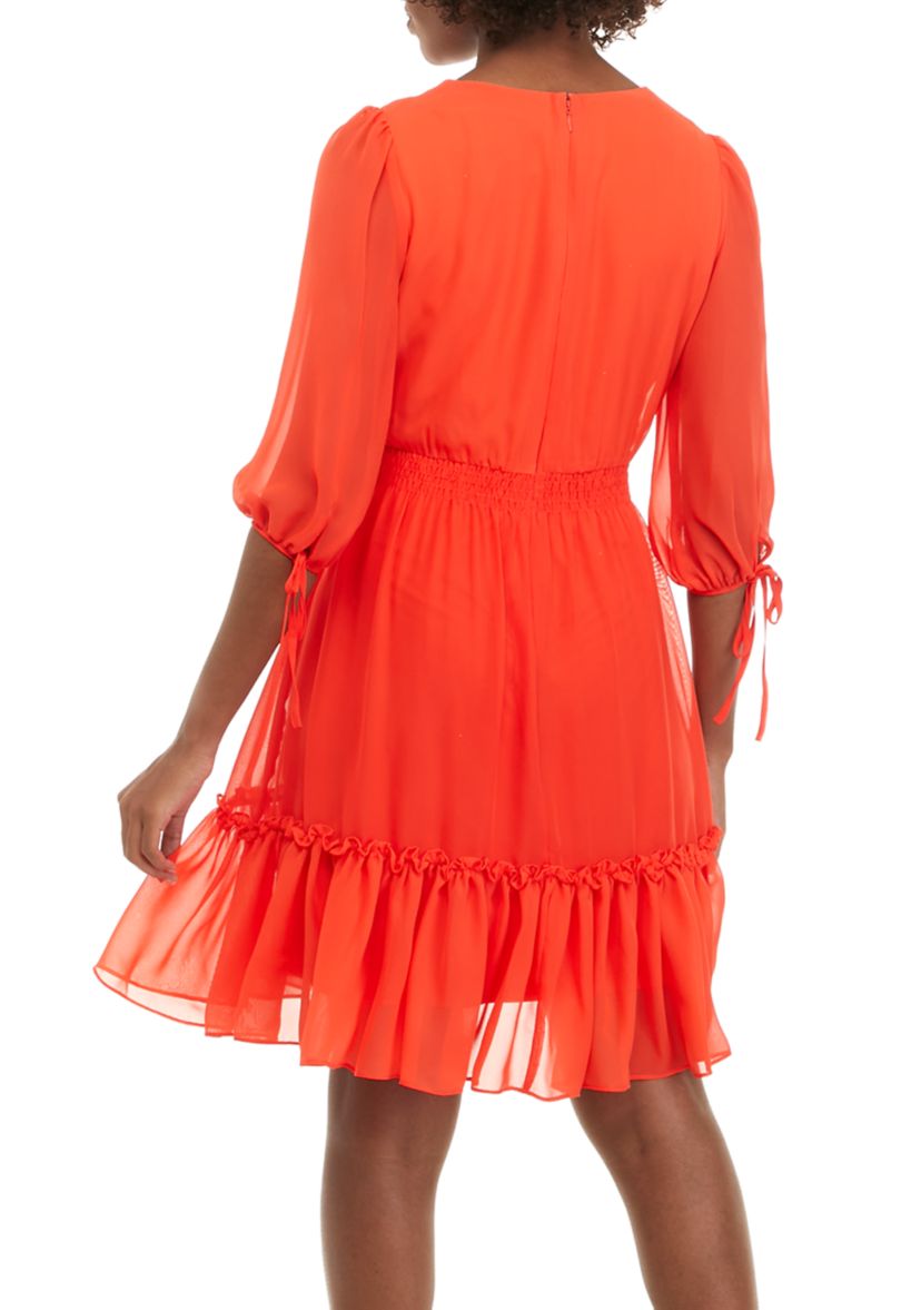 Womens Elbow Sleeve V-Neck Tiered Chiffon Dress