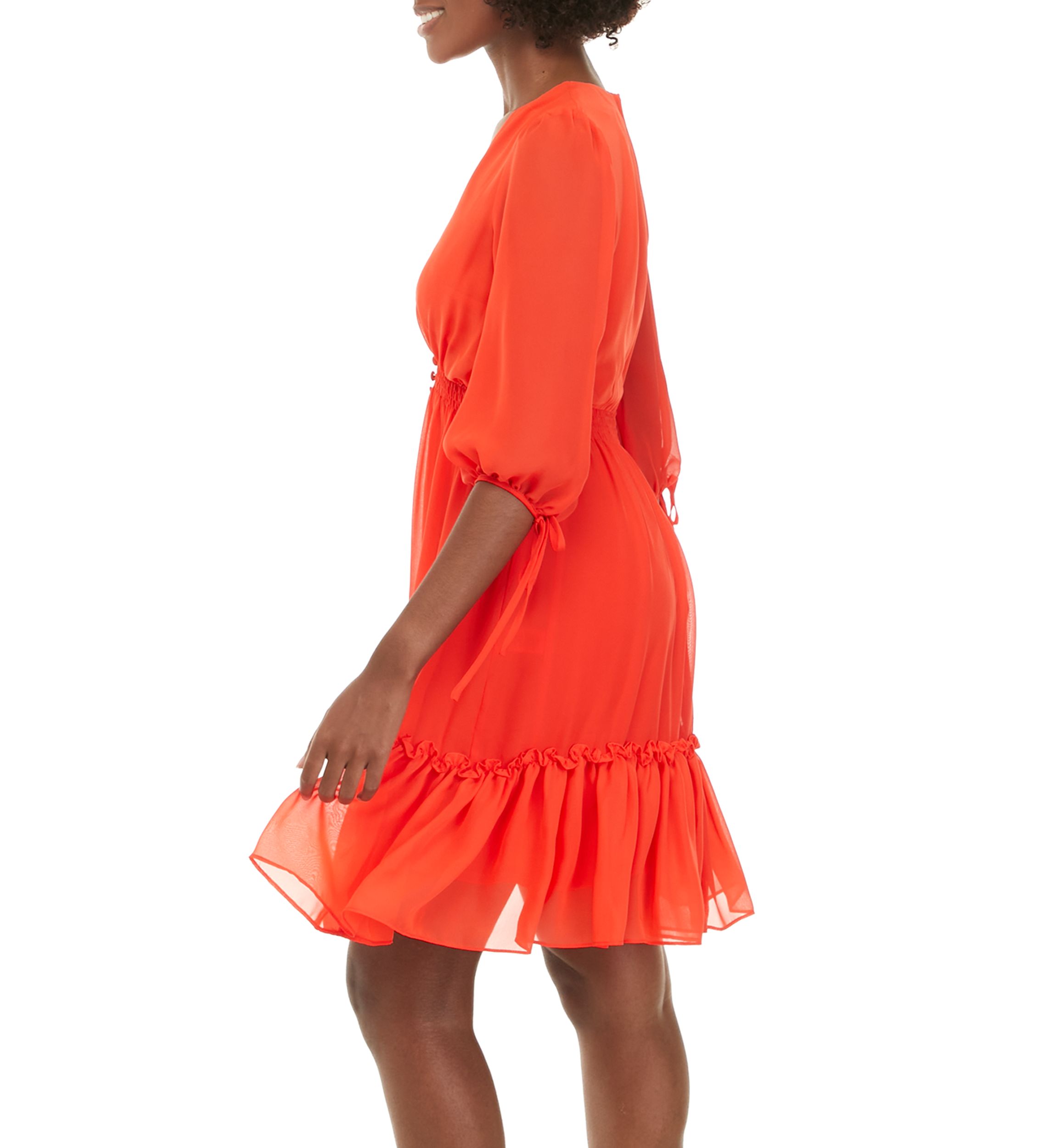 Womens Elbow Sleeve V-Neck Tiered Chiffon Dress