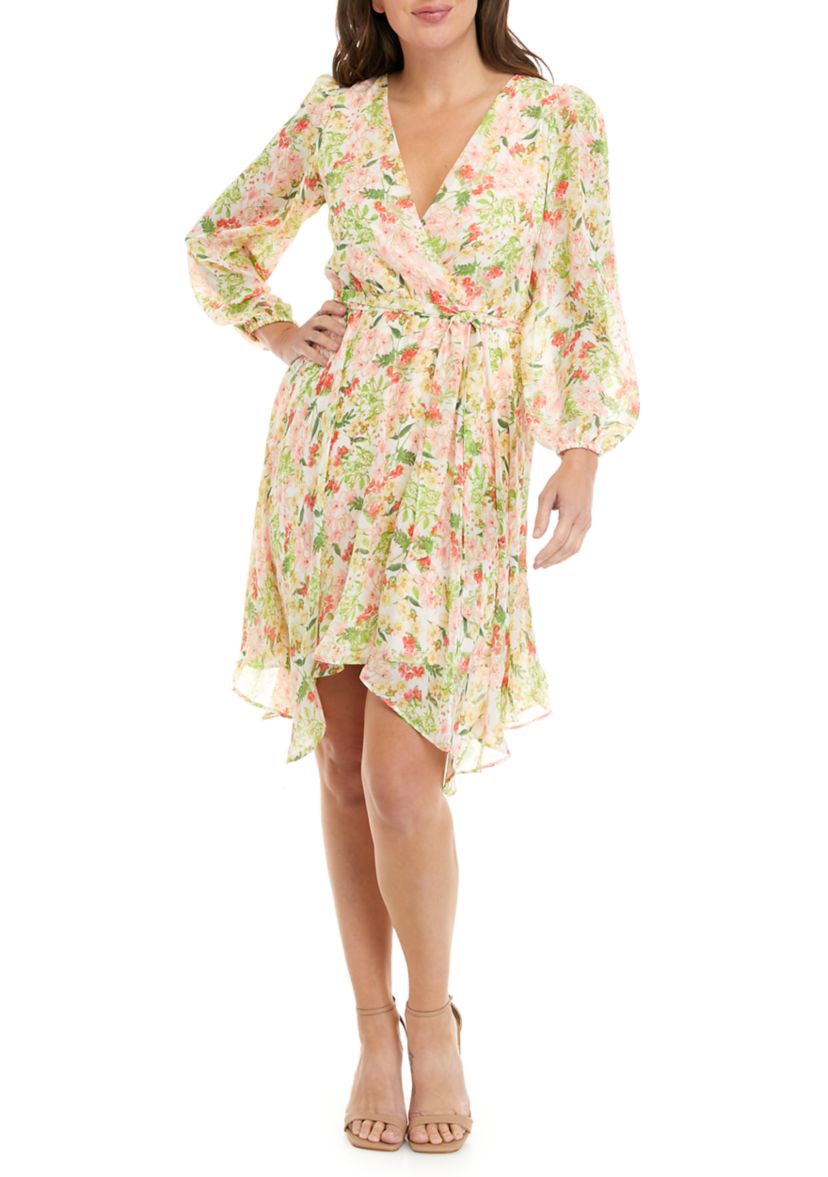 Womens Long Sleeve V-Neck Tie Waist Floral Chiffon Dress