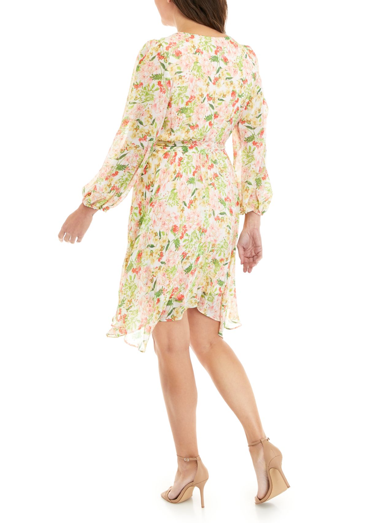Womens Long Sleeve V-Neck Tie Waist Floral Chiffon Dress