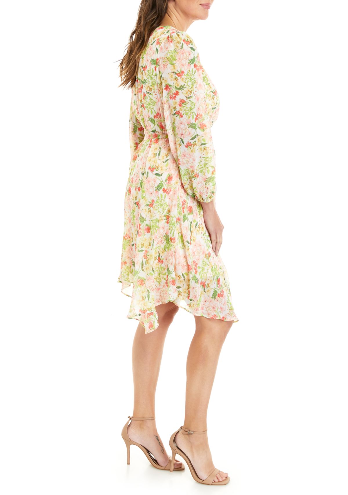 Womens Long Sleeve V-Neck Tie Waist Floral Chiffon Dress