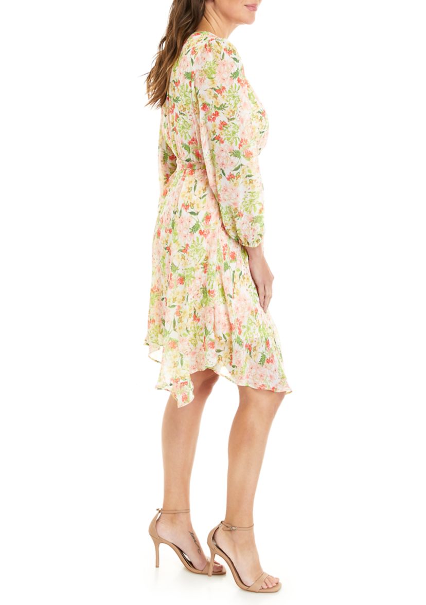 Womens Long Sleeve V-Neck Tie Waist Floral Chiffon Dress