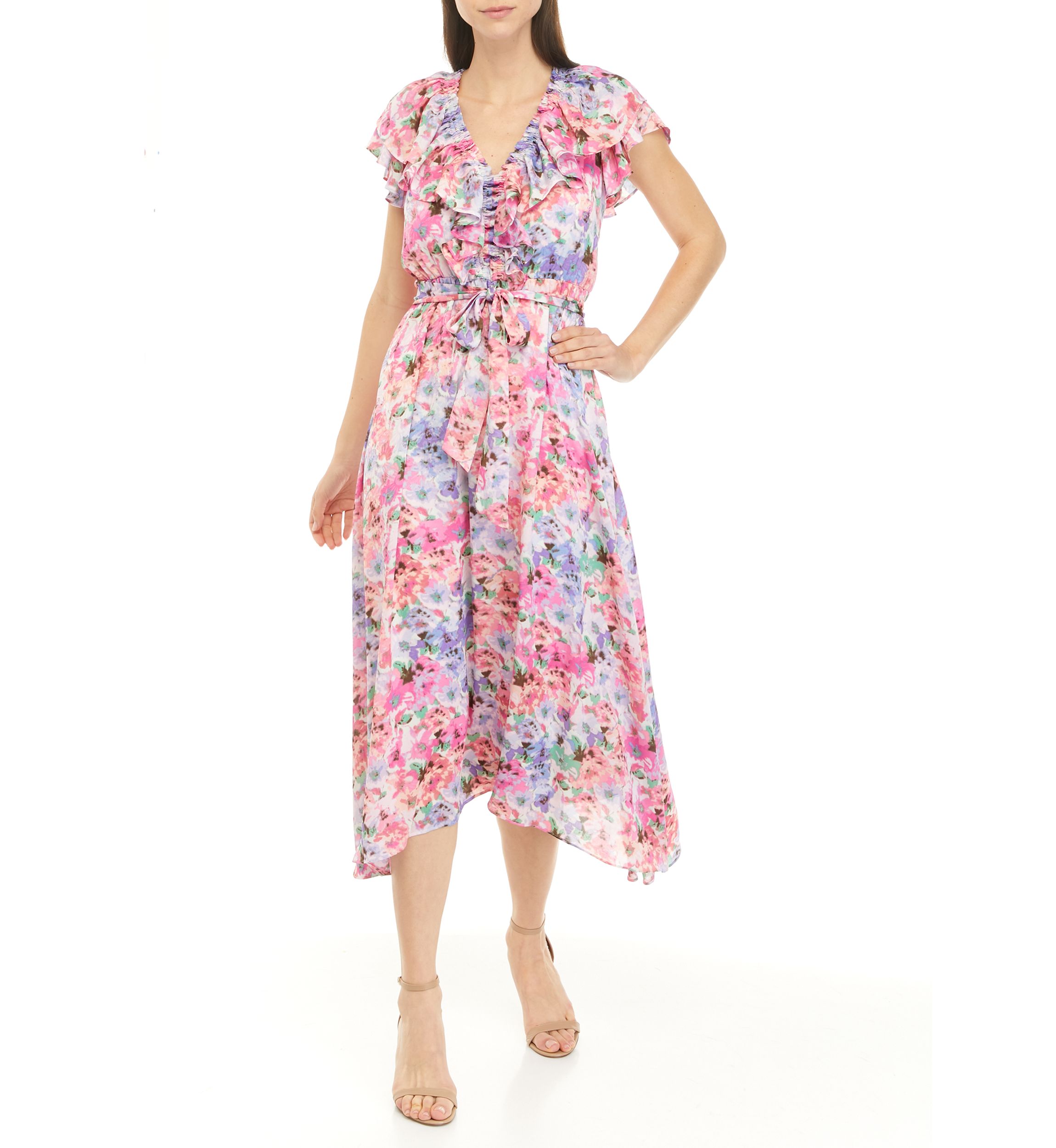 Womens Flutter Sleeve Floral Dress