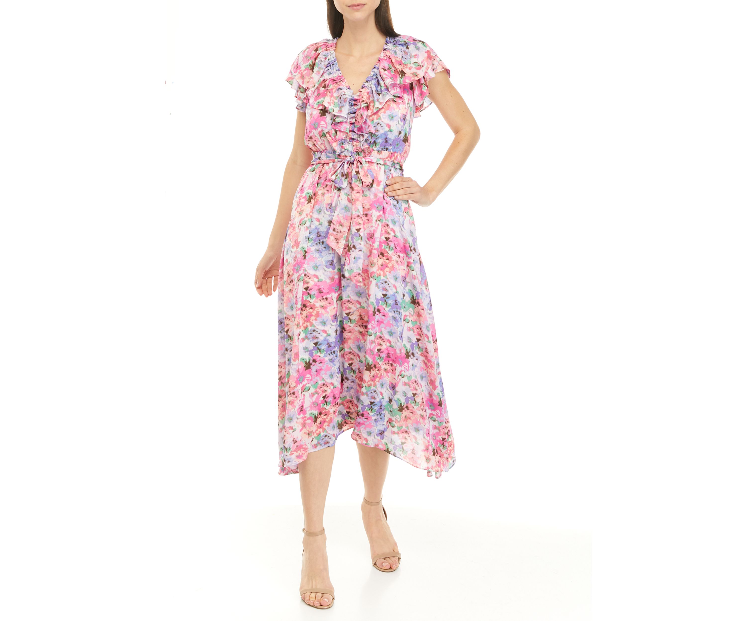 Womens Flutter Sleeve Floral Dress