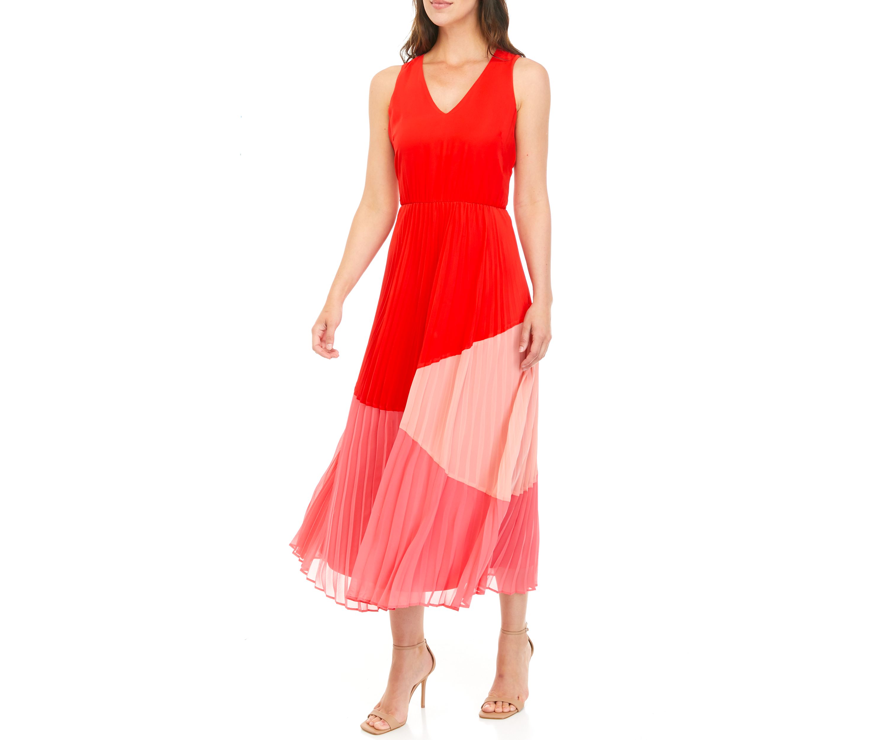 Womens Sleeveless Color Block V-Neck Dress