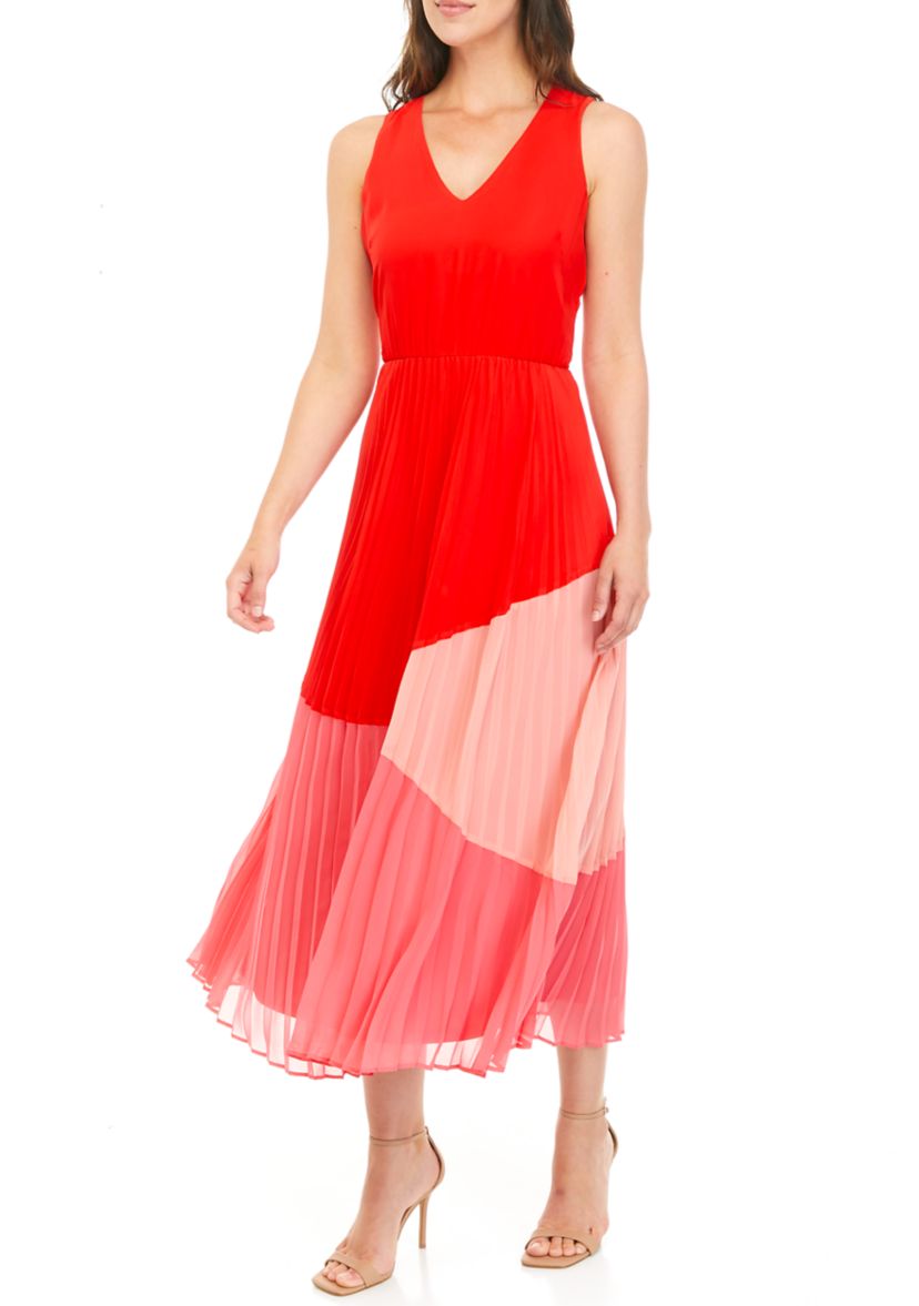 Womens Sleeveless Color Block V-Neck Dress