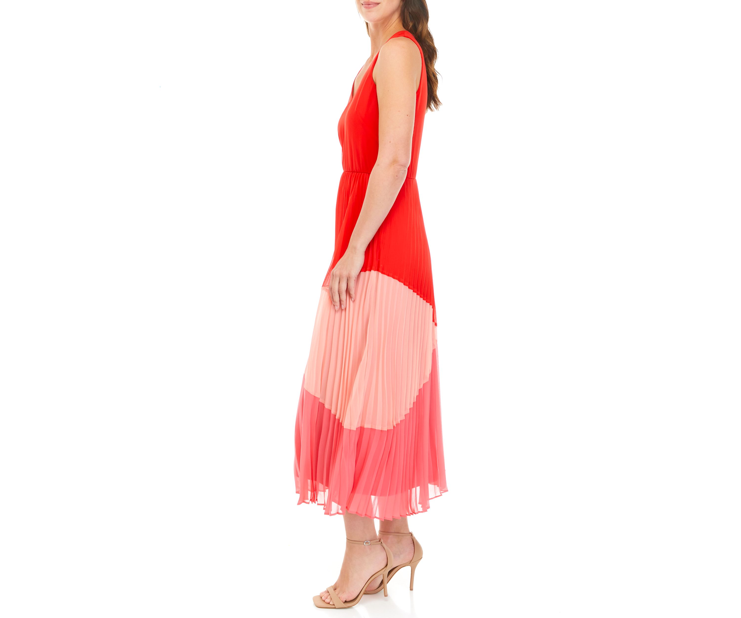 Womens Sleeveless Color Block V-Neck Dress