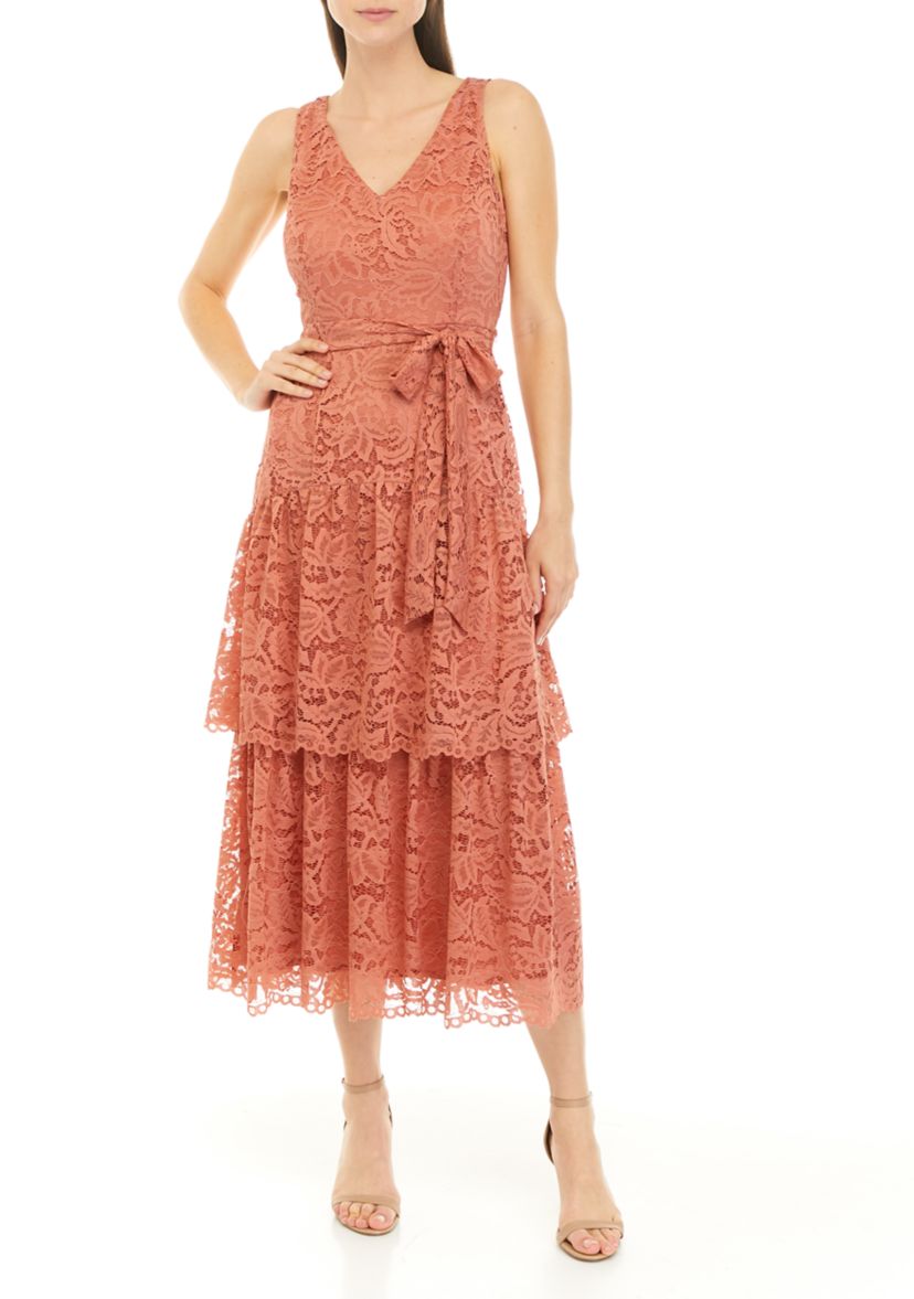 Womens Sleeveless Lace Tiered Midi Dress
