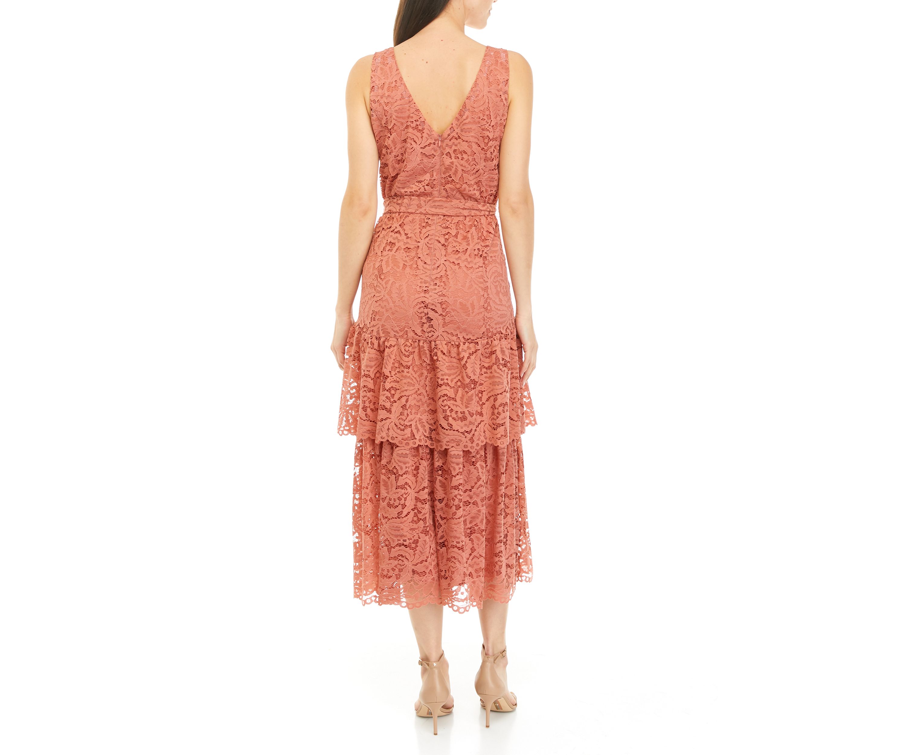 Womens Sleeveless Lace Tiered Midi Dress