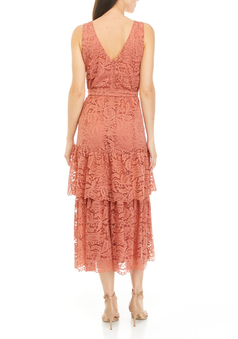 Womens Sleeveless Lace Tiered Midi Dress