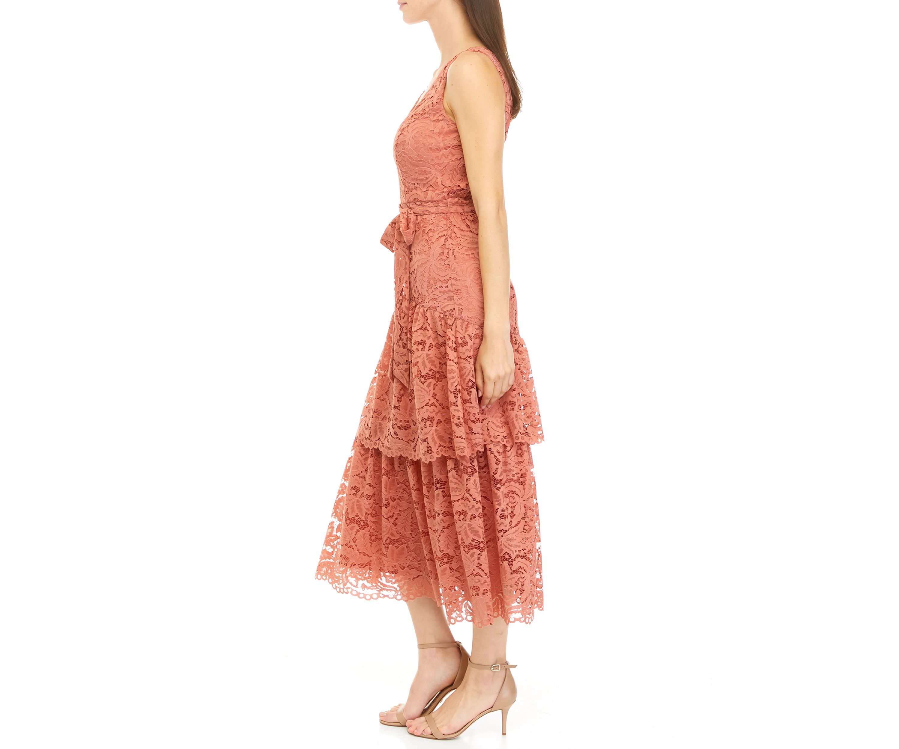 Womens Sleeveless Lace Tiered Midi Dress