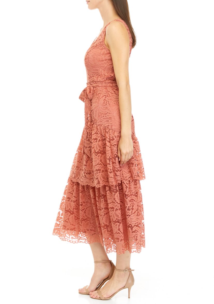 Womens Sleeveless Lace Tiered Midi Dress