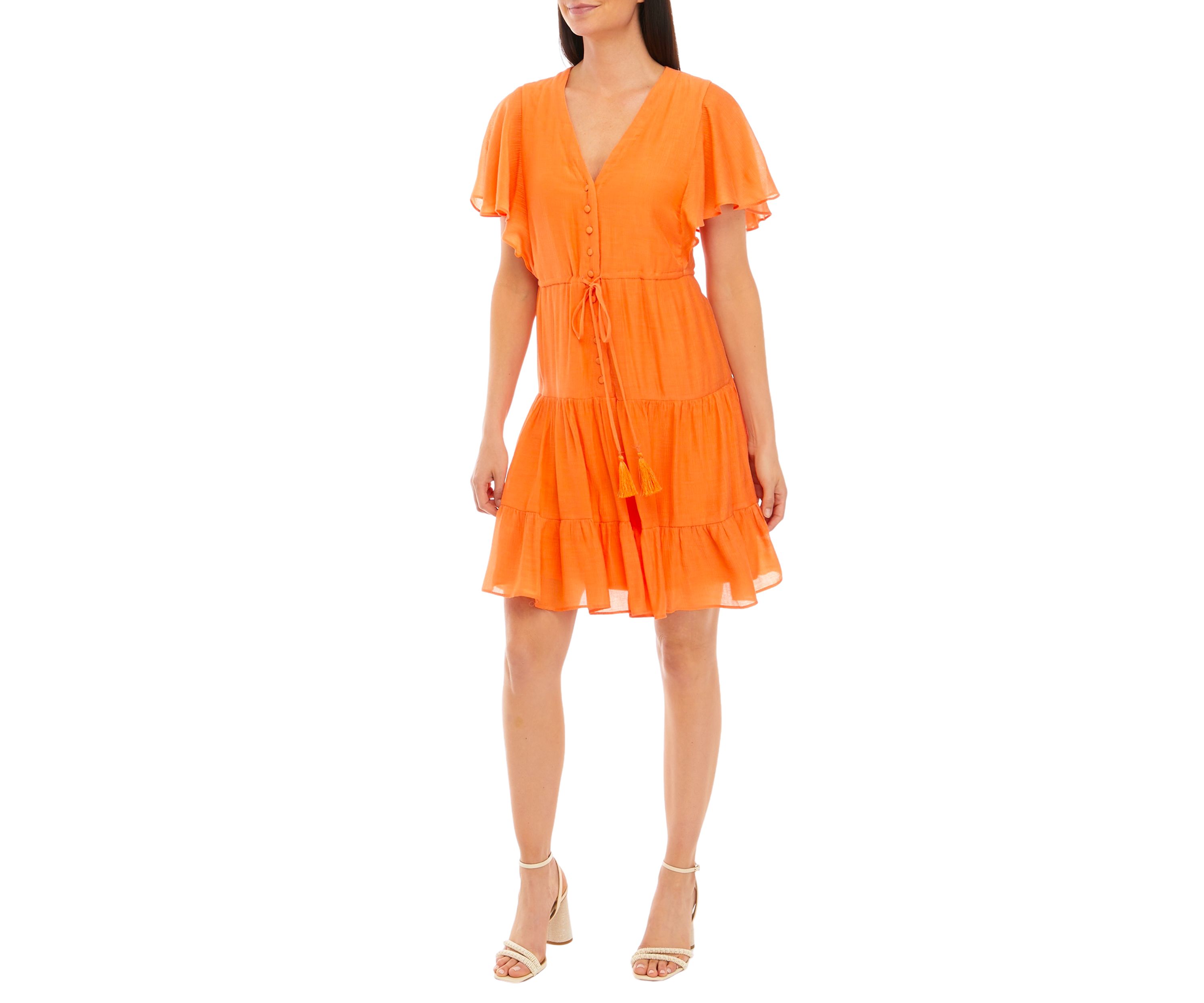 Womens Short Sleeve V-Neck Tie Waist Solid Fit and Flare Dress