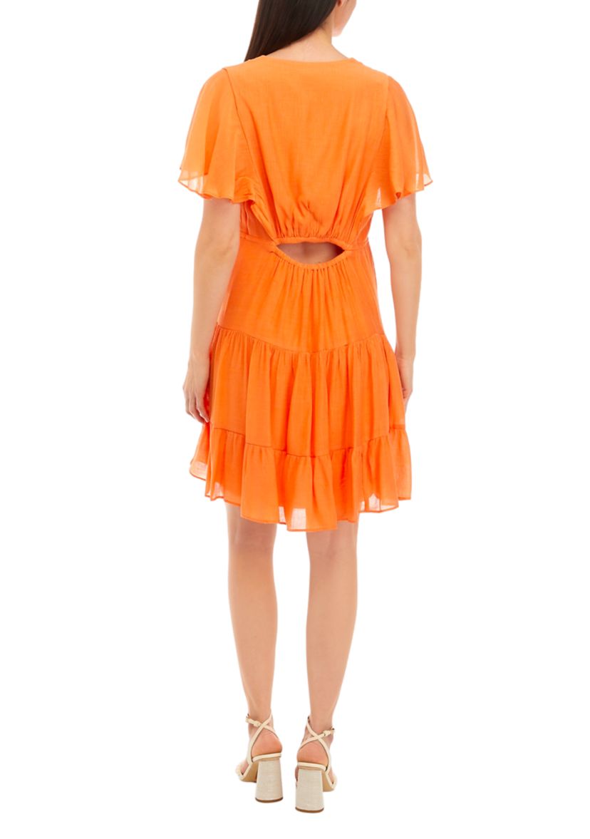 Womens Short Sleeve V-Neck Tie Waist Solid Fit and Flare Dress
