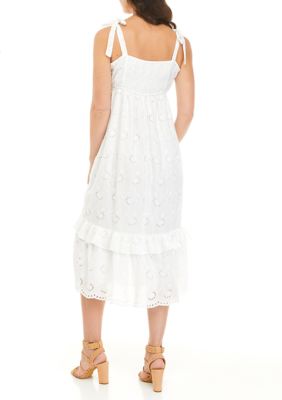 Women's Tie Strap Eyelet Cotton Midi Dress