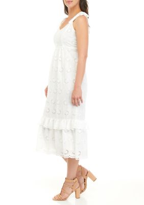 Women's Tie Strap Eyelet Cotton Midi Dress