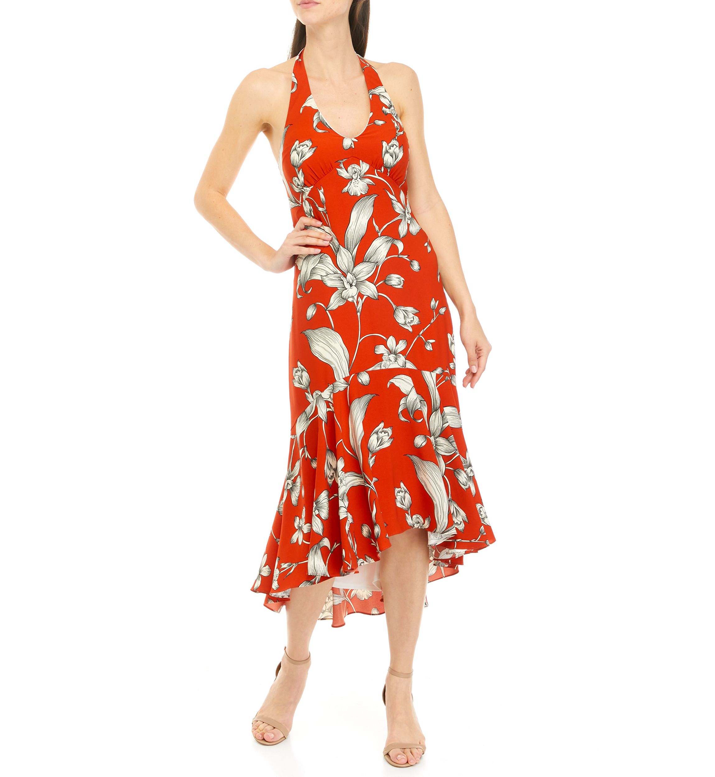 Womens Sleeveless Floral Halter Neck Dress