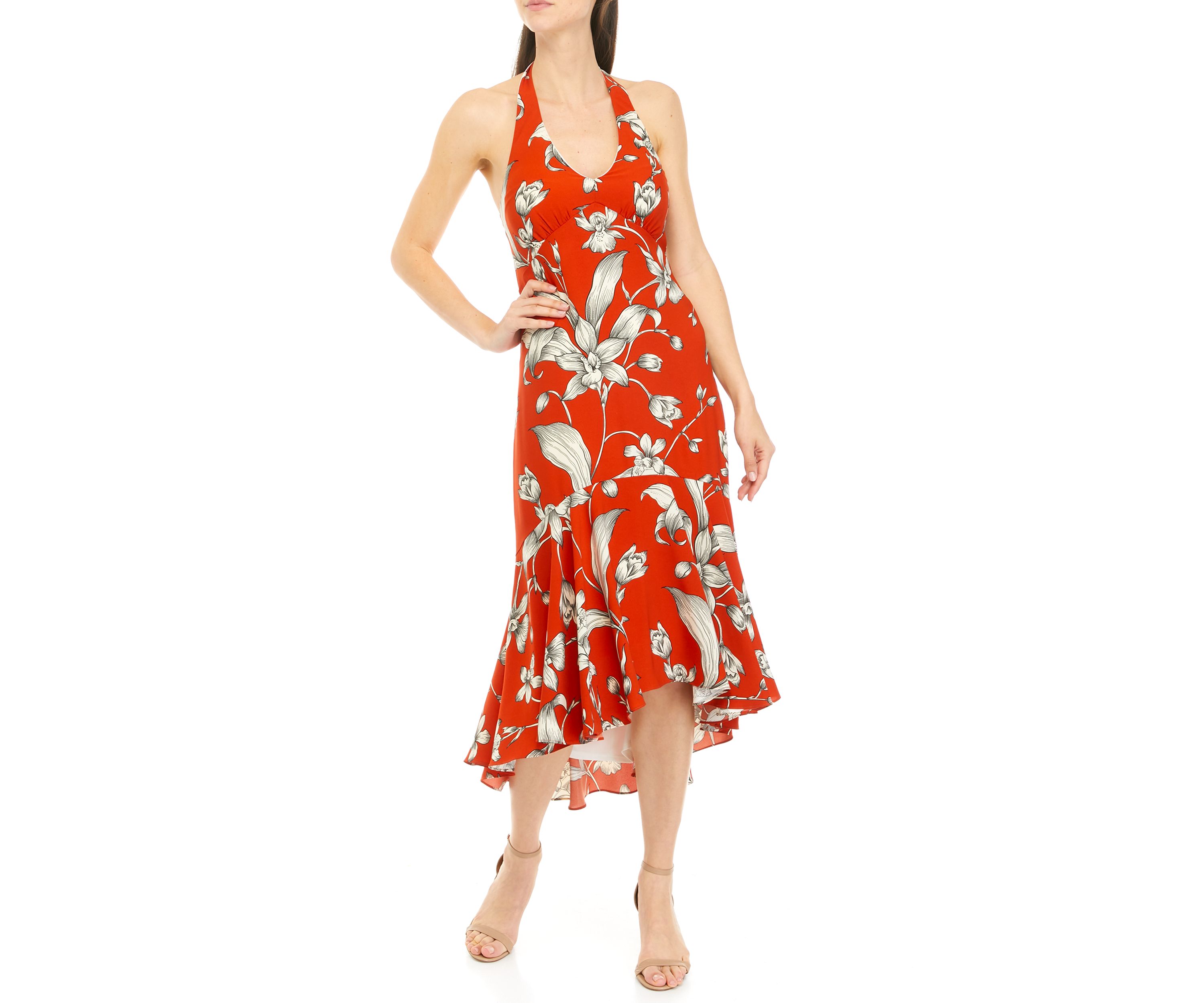 Womens Sleeveless Floral Halter Neck Dress