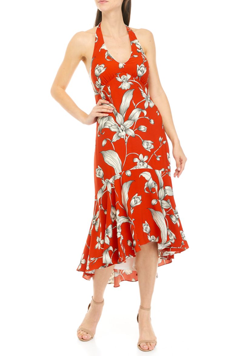 Womens Sleeveless Floral Halter Neck Dress
