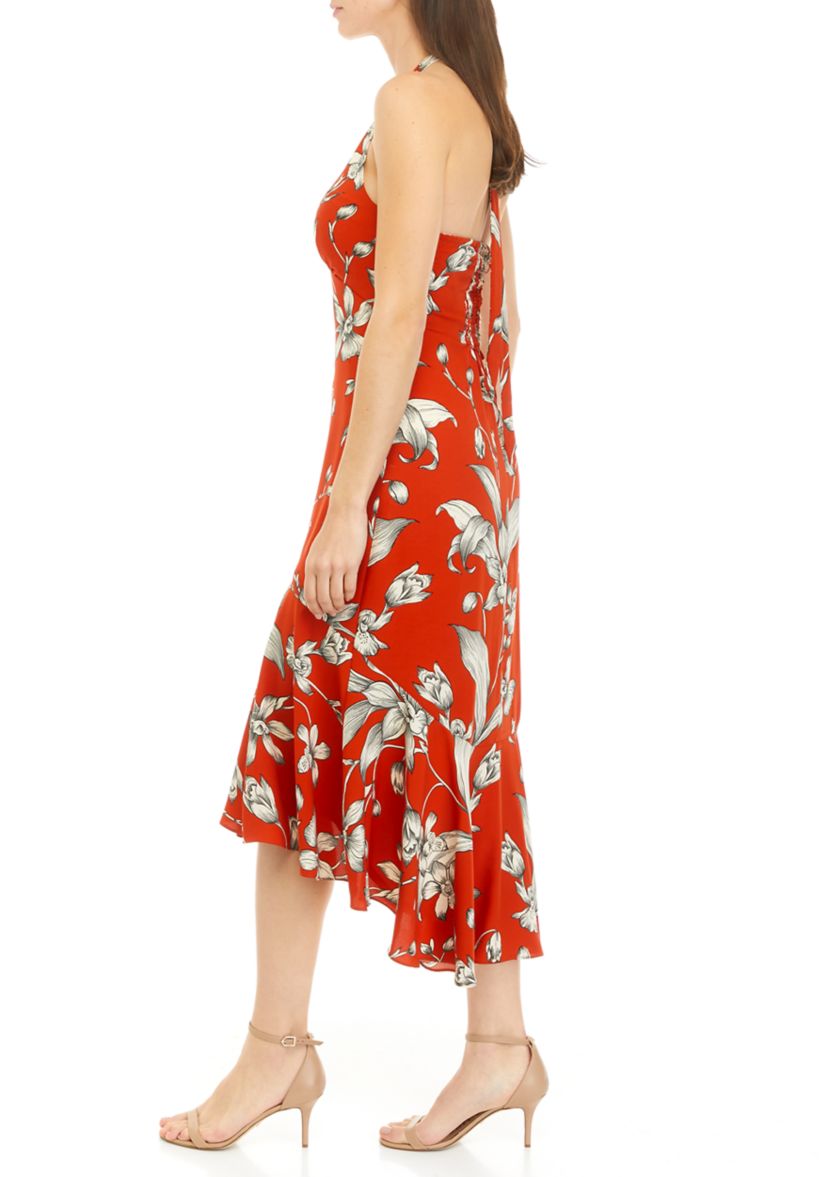 Womens Sleeveless Floral Halter Neck Dress