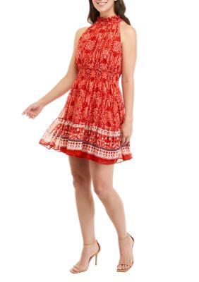 Women's Sleeveless Halter Neck Fit and Flare Border Print Dress