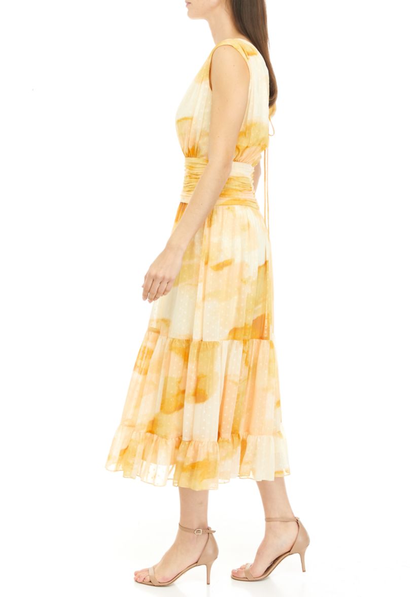 Womens Sleeveless Tie Dye Flounce Hem Chiffon Dress