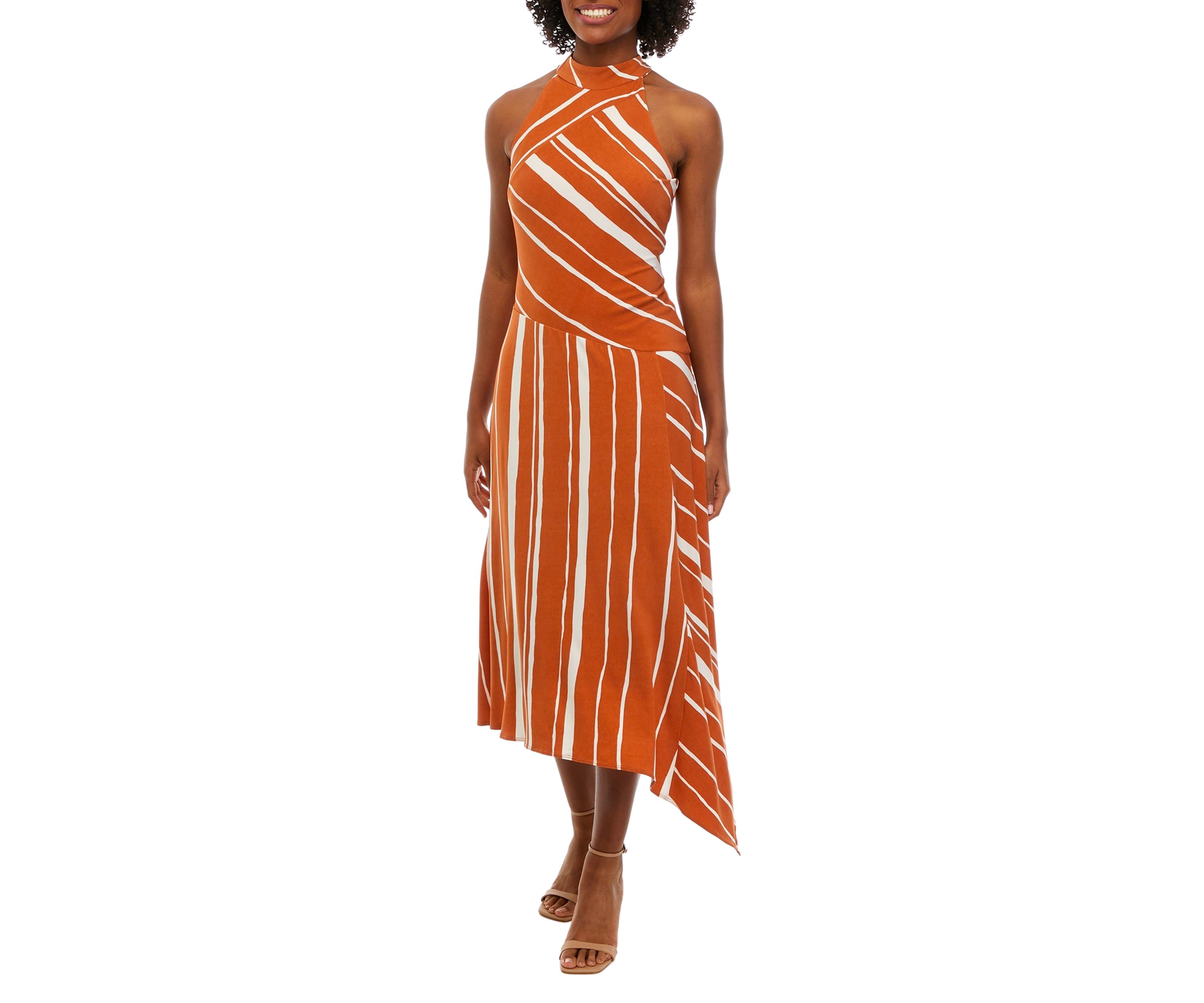 Womens Sleeveless Halter Stripe Asymmetrical Midi Dress