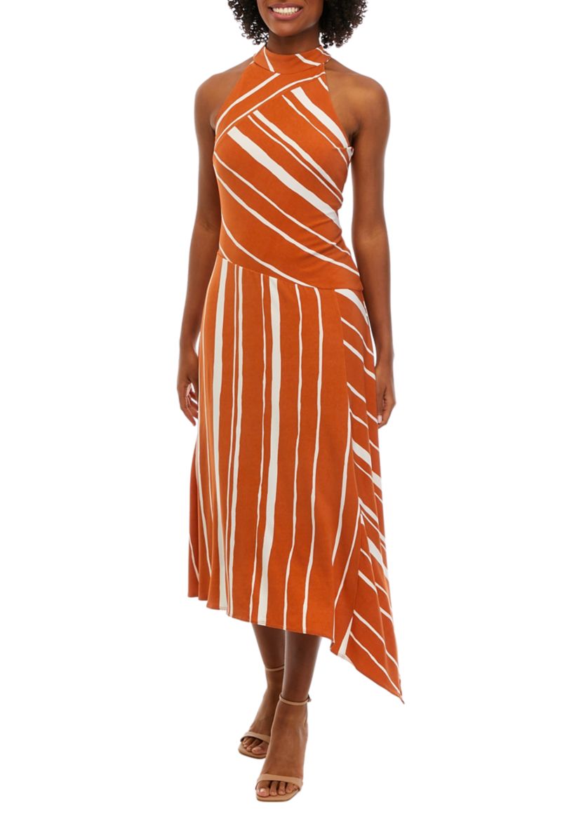 Womens Sleeveless Halter Stripe Asymmetrical Midi Dress