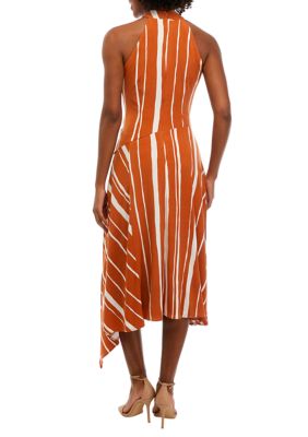 Women's Sleeveless Halter Stripe Asymmetrical Midi Dress