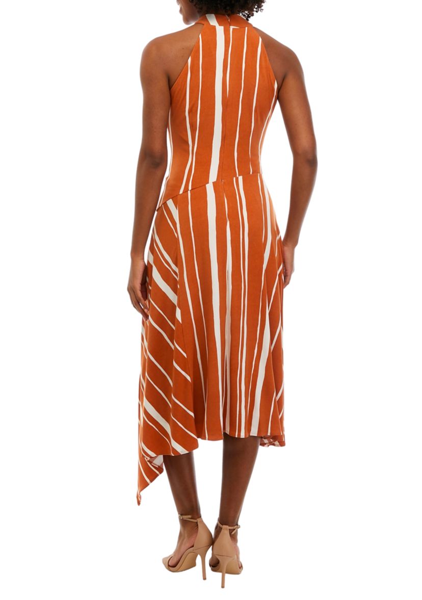 Womens Sleeveless Halter Stripe Asymmetrical Midi Dress